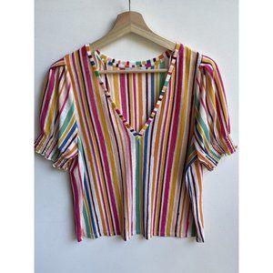 zara rainbow stripe sheer blouse top v neck size small